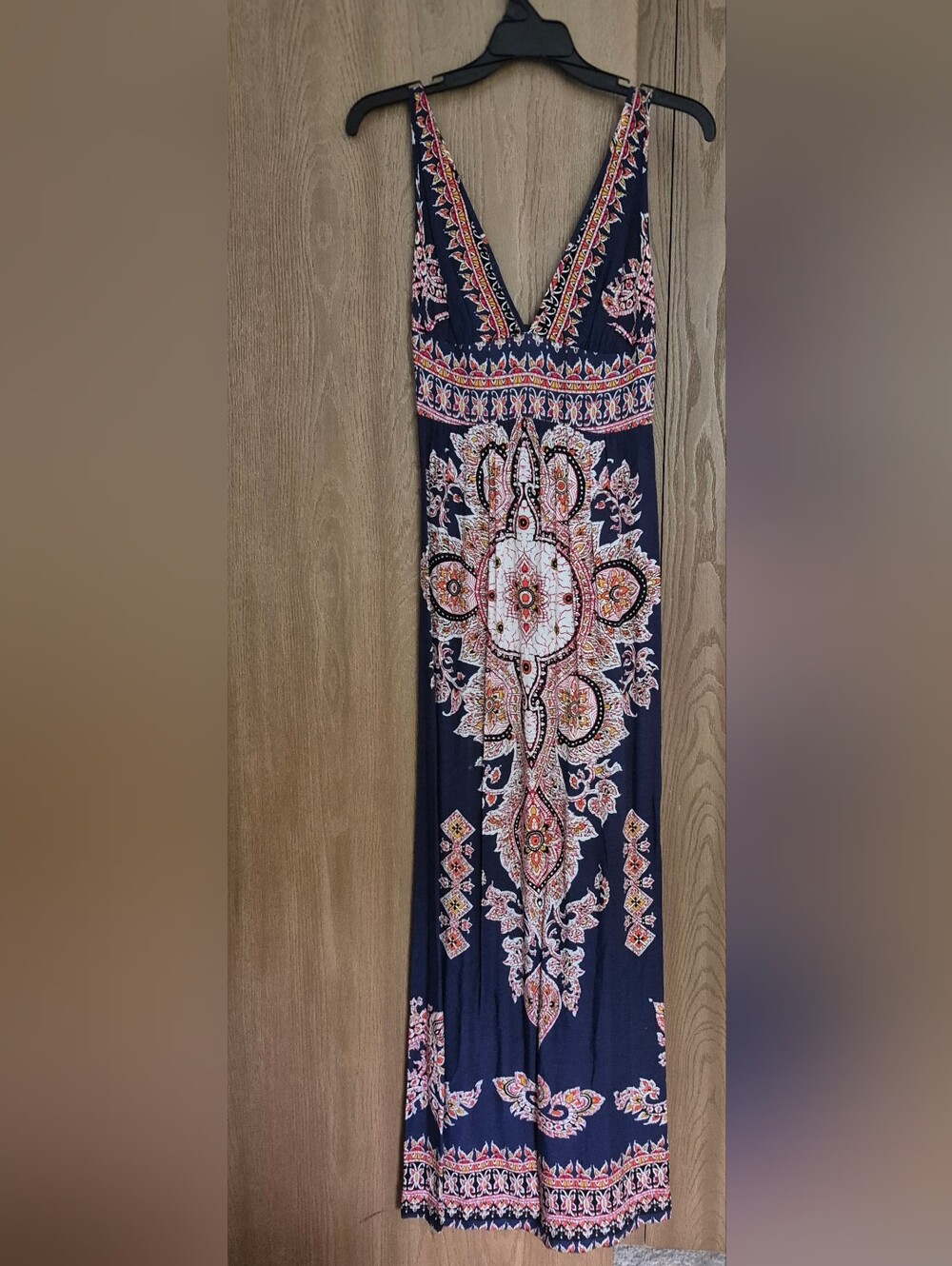 Angie Navy Blue Paisley Medallion Maxi Boho Rayon Dress Small